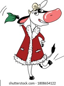 Cute cow cartoon character dance. 2021 Year Lunar Zodiac Animal. Chinese New Year of Ox. Cow vector illustration on white background. Friendly bull mascot. Domestic farm animal icon. Joyful ox sticker