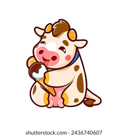 Caricatura de vaca linda que come helado. Mascota del bebé de la vaca, personaje divertido del toro o animal del ganado lindo vector aislado personaje. Ox comic mascota o personaje lamiendo chocolate sundae dulce postre