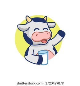 Cute cow cartoon character holding a glass of milk, fit for logo or sticker.