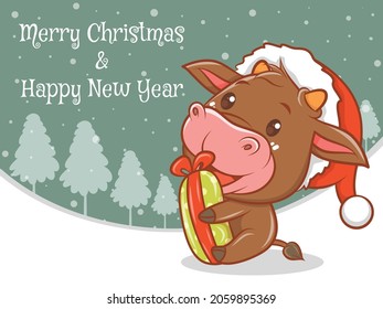 cute cow cartoon character with merry christmas and happy new year greeting banner.