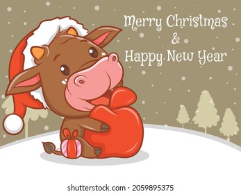 cute cow cartoon character with merry christmas and happy new year greeting banner.