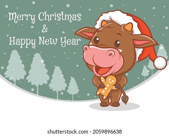 cute cow cartoon character with merry Christmas and happy new year greeting banner.