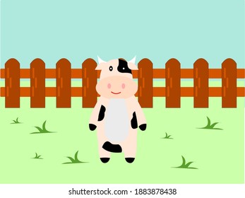 Cute cow cartoon character on the grass
