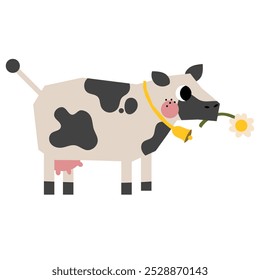 Cute cow cartoon childish kid educational farm agriculture animal character with flower.