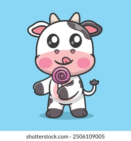 Cute Cow Cartoon Eating Lollipop Candy Isolated Vector Icon Illustration, Animals Food Cartoon Icon Premium Vector, Food Cartoon Style