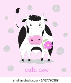Cute cow cartoon with flower. Hand drawn style