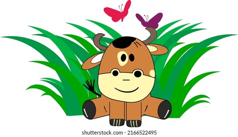 Cute cow cartoon in grass
