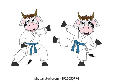 cute cow cartoon karate, simple vector illustration