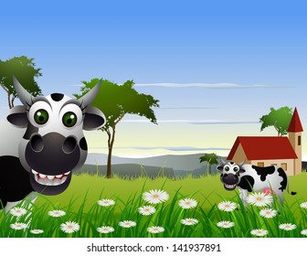 cute cow cartoon with landscape background