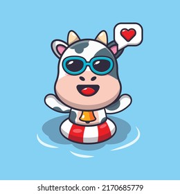 Cute cow cartoon mascot character swimming on pool