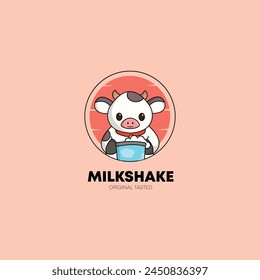 cute cow cartoon mascot logo design illustration concept hold milk. animal icon illustration flat style logo