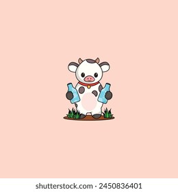 cute cow cartoon mascot logo design illustration concept hold milk. animal icon illustration flat style logo