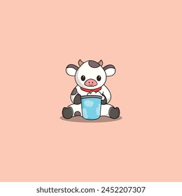 cute cow cartoon mascot logo design illustration concept hold milk. animal icon illustration flat style logo