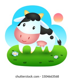 Cute cow cartoon in the meadow, Animal alphabet.