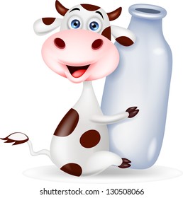 Cute cow cartoon with milk bottle