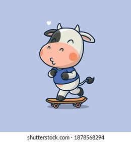 Cute cow cartoon playing skateboard