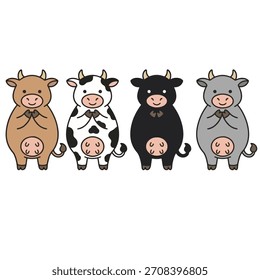 Nette Kuh Cartoon-Set Vektorgrafik. Glückliche Tierfiguren aus dem Milchviehbetrieb einzeln auf weißem Hintergrund. Lustige Säugetier Maskottchen für die Landwirtschaft.