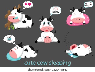 Cute cow cartoon sleeping. Cute farm milk animal character Illustration of farm cow animal with milk bottle.