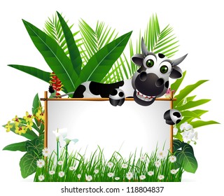 cute cow cartoon and tropical forest background