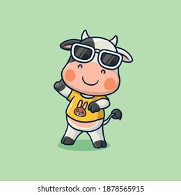 Cute cow cartoon wearing glasses.