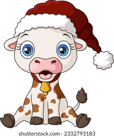 Cute cow cartoon wearing santa hat