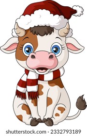 Cute cow cartoon wearing santa hat