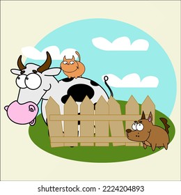 Cute cow with a cat and a dog stand near the fence