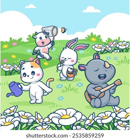 Bonito Vaca, Gato, Coelho, Rinoceronte Tocando Juntos Em Hill Spring Season Cartoon Vetor Ilustração Ícone. Animal Nature Icon Concept Vetor Premium Isolado. Estilo de Desenho Animado Plano