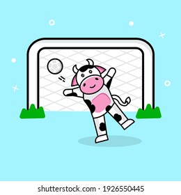 Cute cow catch the ball. cow concept mascot cartoon character with vector illustration. 