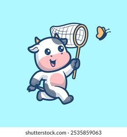 Bonito Vaca Pegando Borboleta Com Ilustração Net Cartoon Vetor Ícone. Animal Nature Icon Concept Vetor Premium Isolado. Estilo de Desenho Animado Plano