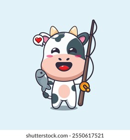 Cute cow catching fish with fishing rod cartoon vector illustration. vector cartoon illustration suitable for poster, brochure, web, mascot, sticker, logo and icon.