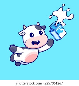 Cute Cow Catching Milk Cartoon Vector Icon Illustration. Animal Drink Icon Concept Isolated Premium Vector. Flat Cartoon Style