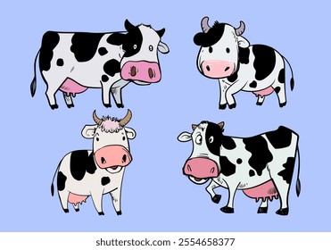 Cute cow, cattle cartoon icon character maskot vector illustration collection. Isolated on background.