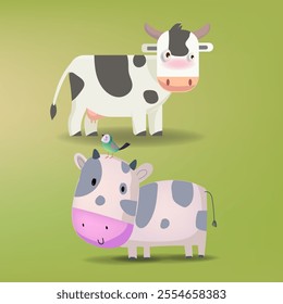 Cute cow, cattle cartoon icon character maskot vector illustration collection. Isolated on background.