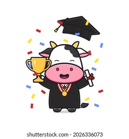 Cute cow celebration on graduation day cartoon icon illustration. Design isolated flat cartoon style