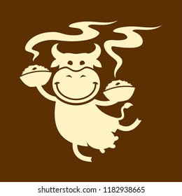 Cute cow character with bowls of food