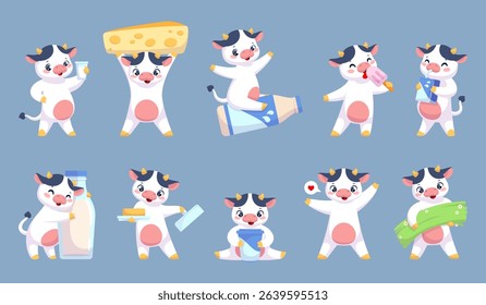 Cute cow character. Cartoon farm animal mascot, milk and dairy products advertising, mammal in different poses, actions, positive emotions, livestock funny talisman classy vector isolated set