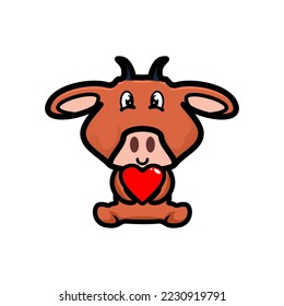 cute cow character hold love, simple happy cow illustration.
