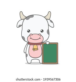 cute cow character holding board