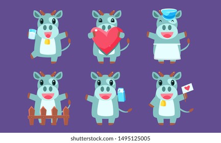 Cute Cow Character Set, Cheerful Farm Animal in Various Action Poses Vector Illustration