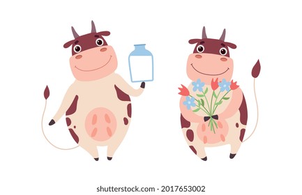 Cute Cow Characters Set, Adorable Farm Animal Drinking Milk and Holding Bouquet of Flowers Cartoon Vector Illustration