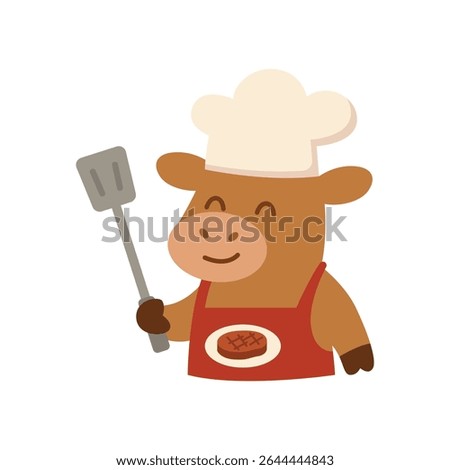 Cute Cow Chef Barbeque Theme Holding Spatula Vector Flat Design
