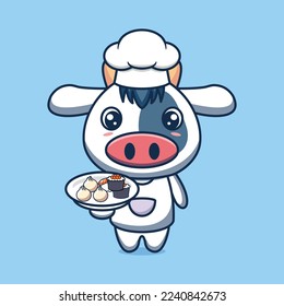 Cute cow chef cartoon character with bring japanese food