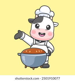 Cute Cow Chef Cooking Cartoon Vector Icon Illustration. Animal Food Icon Concept Isolated Premium Vector. Flat Cartoon Style