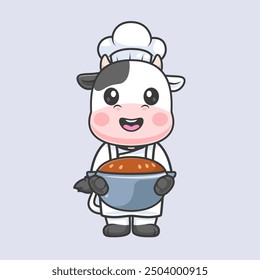 Cute Cow Chef Cooking Cartoon Vector Icon Illustration. Animal Food Icon Concept Isolated Premium Vector. Flat Cartoon Style