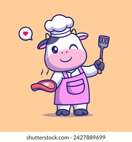 Ilustración linda del icono del vector de la caricatura de la carne de filete del cocinero de la vaca. Icono de la comida animal Concepto Vector Premium aislado. Estilo plano de dibujos animados