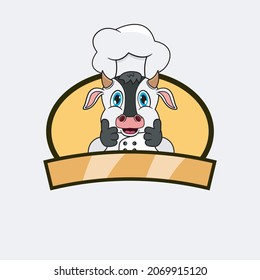 Chef de vaca dulce y tema de cocina. Mascota, Carácter, Logo, Etiqueta E Icono. Vector e Ilustración.