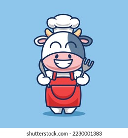 Cute cow chef with fork and knife in hand cartoon vector illustration. Food animals and restaurant icons.