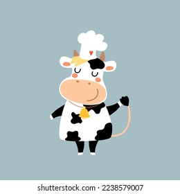 Cute vaca con sombrero de chef. Un animal de granja gracioso, un personaje de caricatura feliz. Ilustración vectorial dibujada a mano, diseño plano. Idea para la etiqueta de productos lácteos para niños, impresión en tarjetas, afiches, menús, etc