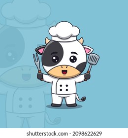 Cute cow chef holding spatula and barbecue fork